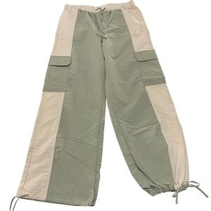 Parachute Cargo Pants Womens 10 Green Utility Y2K‎ Streetwear Pockets Drawstring